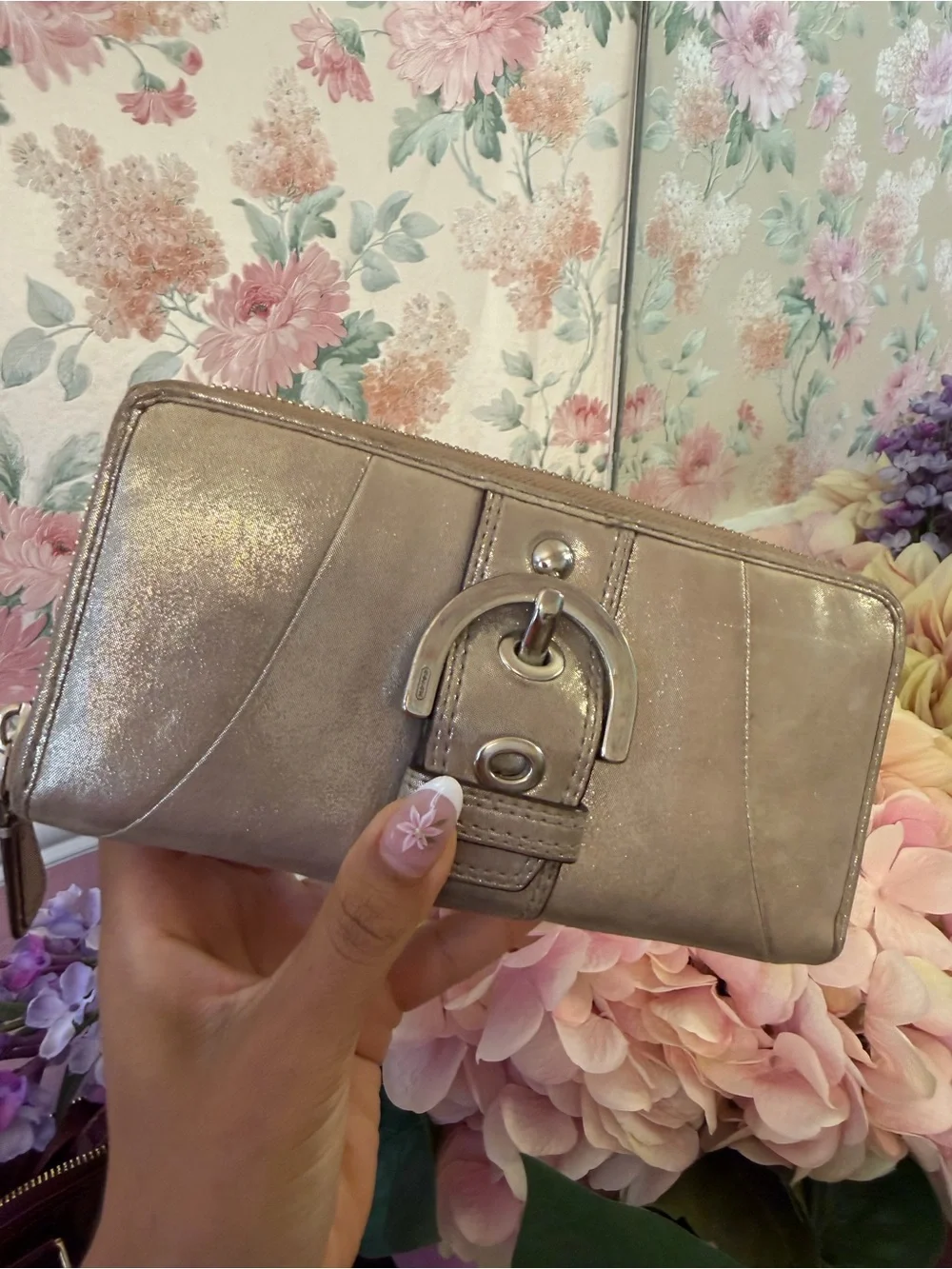 Y2K Metallic Taupe Women's Wallet with Buckle Accent
